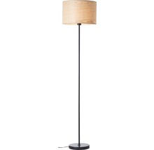 Stojací lampa s dřevěným stínidlem a tmavým rámem