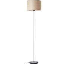Stojací lampa s dřevěným stínidlem a kovovou základnou