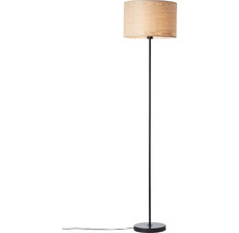 Stojací lampa s dřevěným stínidlem a černou kovovou základnou