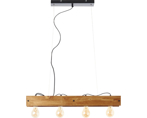 Závěsná lampa s dřevěným trámem a čtyřmi žárovkami