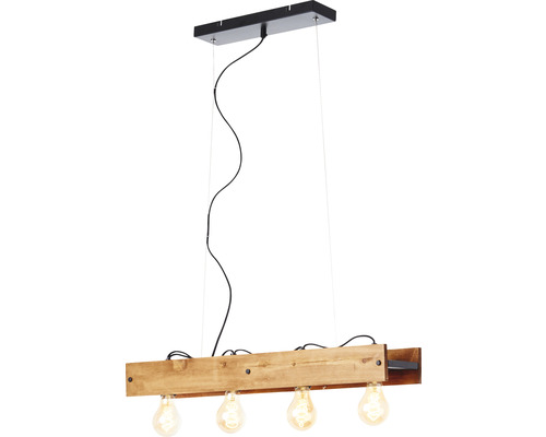 Závěsná lampa s dřevěným trámem a čtyřmi žárovkami