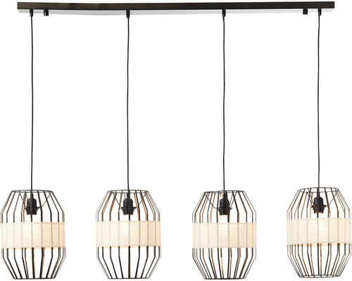 Čtyřplamenné závěsné svítidlo s kovovou klecí a látkovým stínidlem