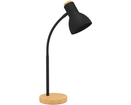 Černá stolní lampa s dřevěnou základnou pro vnitřní použití.