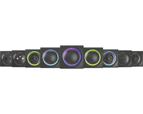 Různé zásuvky a vypínače s barevným LED osvětlením