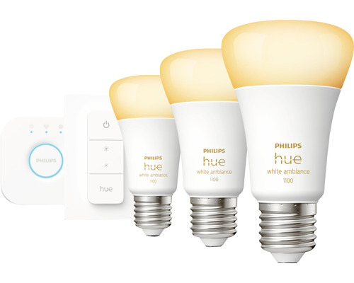 Startovací sada Philips Hue White Ambiance E27 se třemi žárovkami, stmívačem a můstkem