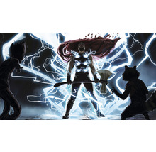 Ilustrace Thora, Groota a Rocketa od Marvel Comics, obklopených blesky.