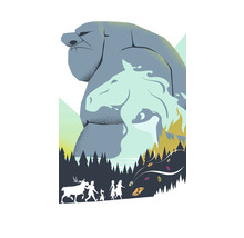 Ilustrace skupiny postav před lesní scenérií se skalními bytostmi