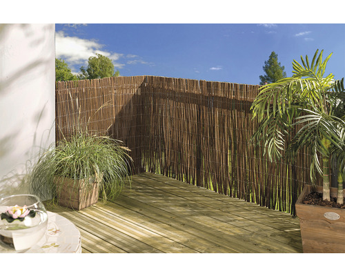 Terasa se zástěnou ze rákosu, dřevěnou podlahou a hrnkovými rostlinami.