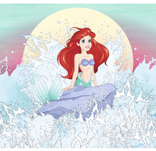Ilustrace Ariel, mořské panny, sedící na skále uprostřed stříkající vody