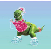 Ilustrace zeleného dinosaura se sluchátky, čepicí, teniskami a mikinou s nápisem ROAR, který poslouchá hudbu.