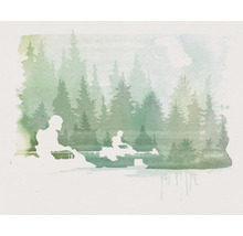 Ilustrace osob v kanoích před lesem
