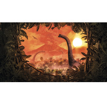 Scéna s dinosaury, sopkou a tropickou vegetací