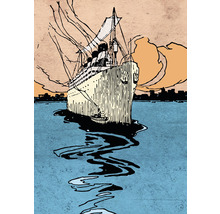 Ilustrace zaoceánského parníku na vodě před městskou scenérií