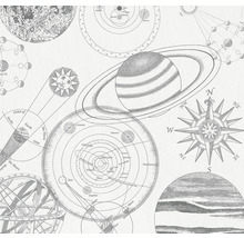 Ilustrace s planetami, hvězdami, kompasem a zobrazením sluneční soustavy