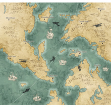 Ilustrovaná mapa s ostrovy, pobřežími, loděmi a letadly