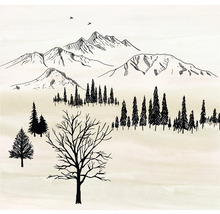 Ilustrace krajiny s horami a stromy