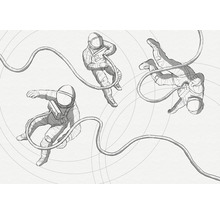 Ilustrace tří astronautů s kabely ve vesmíru
