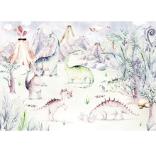 Ilustrace krajiny dinosaurů s sopkami a různými druhy dinosaurů