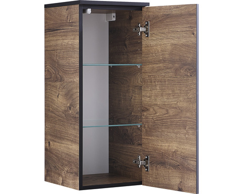 Otevřená zrcadlová skříňka se vzorem dřeva a dvěma skleněnými policemi