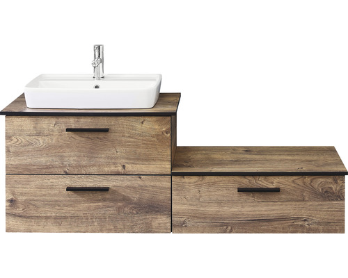 Skříňka pod umyvadlo s umyvadlem a baterií v dřevěném designu