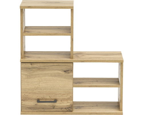 Dřevěná police s dvířky a několika otevřenými přihrádkami