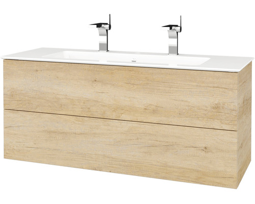 Koupelnová skříňka s umyvadlem Variante 120x52 cm Nebraska umyvadlo Pura 408640 Skříňka pod umyvadlo se dvěma zásuvkami, dřevěný dekor a dvě baterie