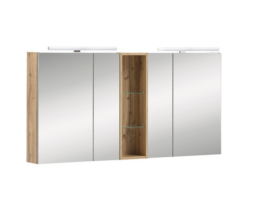 Zrcadlová skříňka s osvětlením Möbelpartner Duo 140 x 16 x 75 cm dub světlý Zrcadlová skříňka s dřevěným dekorem a osvětlením do koupelny