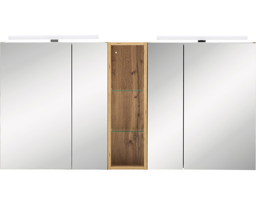 Zrcadlová skříňka s otevřenou dřevěnou policí a osvětlením