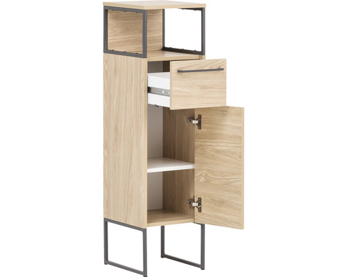 Vysoká skříňka s otevřenou policí, zásuvkou a dvířky do koupelny