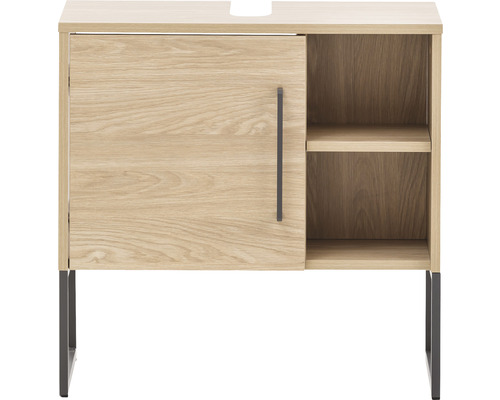 Skříňka pod umyvadlo s dvířky, otevřenou přihrádkou a kovovýma nohama