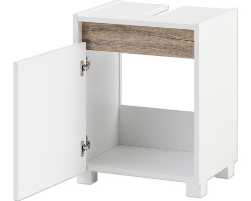 Skříňka pod umyvadlo s otevřenými dvířky do koupelny