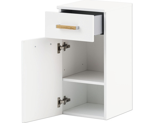 Bílá skříňka pod umyvadlo se zásuvkou a policemi