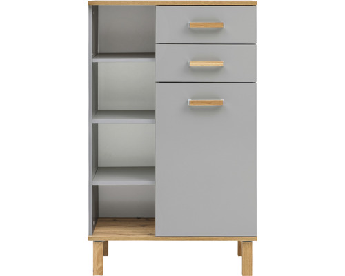 Šedá příruční skříňka se třemi zásuvkami a otevřenou policí