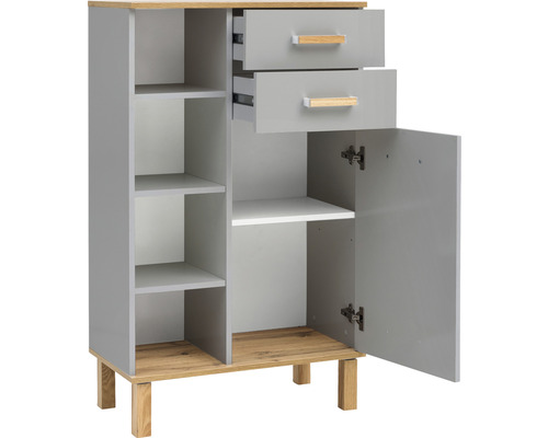 Šedá víceúčelová skříňka se zásuvkami, policemi a dvířky