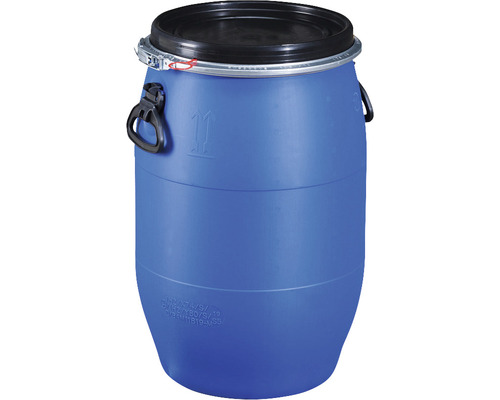 Modrá plastová nádoba s černým víkem a upínacím kroužkem