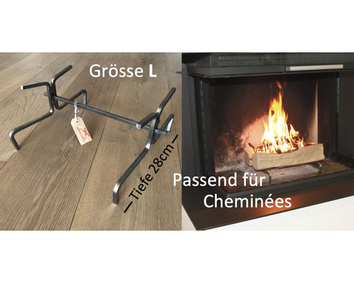 Držák na palivové dřevo velikosti L vedle krbu s hořícím dřevem
