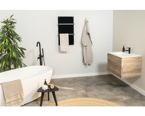 Světlá koupelna s vanou, umyvadlem, topným žebříkem na ručníky a rostlinou pro příjemnou atmosféru.