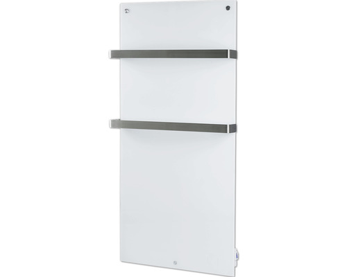 Bílý ohřívač ručníků se dvěma kovovými držáky na ručníky