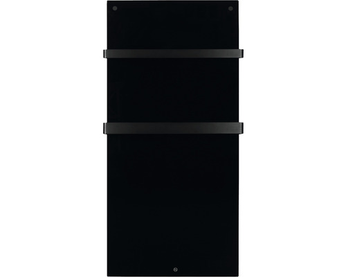 Černý ohřívač ručníků se dvěma držáky na ručníky