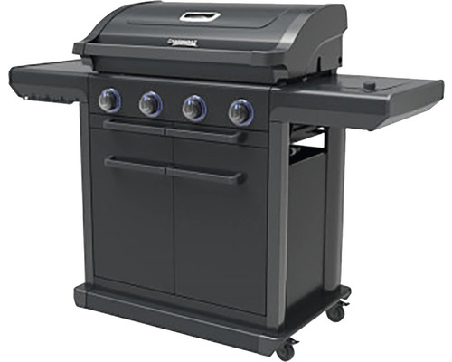 Plynový gril se čtyřmi hořáky, odkládacími plochami a spodní skříňkou pro venkovní použití.