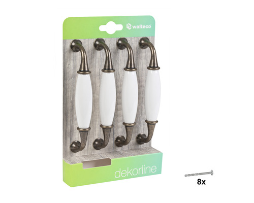 Čtyři keramické a kovové nábytkové úchytky včetně šroubů