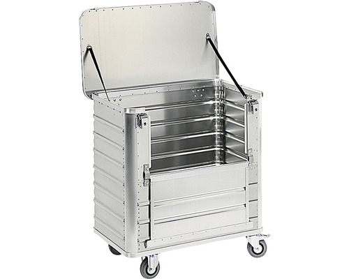 Hliníkový transportní box s kolečky a otevřeným víkem.