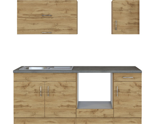 Kuchyňská linka s dřezem, horními a spodními skříňkami ve vzhledu dřeva