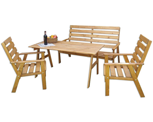 Dřevěný zahradní nábytek se stolem, lavicí a židlemi