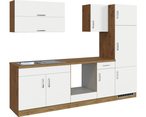 Kompletní kuchyňská linka s dřezem, skříňkami a zásuvkami v dřevěném dekoru a bílé barvě