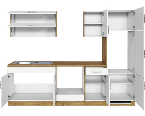 Kuchyňská linka s dřezem, skříňkami a policemi