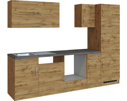 Kompletní kuchyně s dřezem, závěsnou skříňkou a spodními skříňkami v dřevěném vzhledu