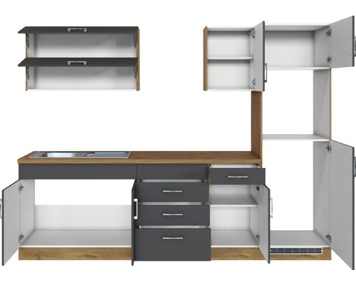 Kuchyňská linka s dřezem, skříňkami a zásuvkami v moderním vzhledu