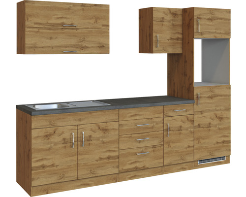 Kuchyňská linka s dřezem, spodními a horními skříňkami v designu dřeva