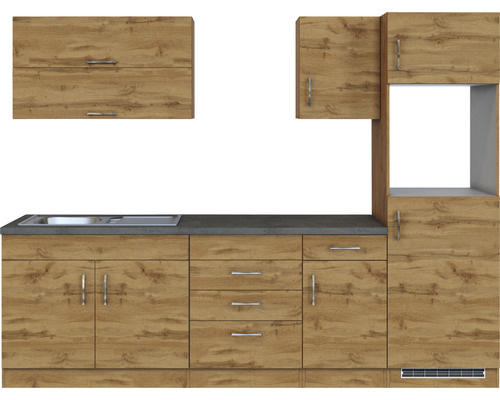 Kuchyňská linka s dřezem a horními a dolními skříňkami v designu dřeva